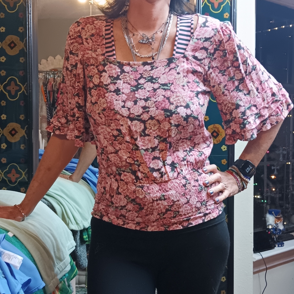 Maurices Pink Floral Blouse with Ruffle Details